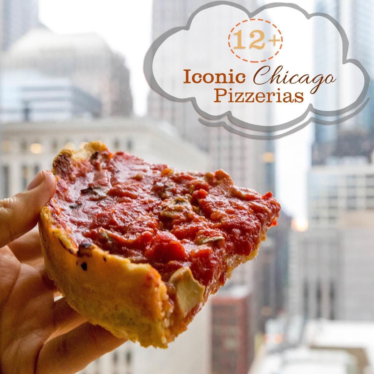 Slice of Pizzeria Uno deep dish pizza overlooking Chicago