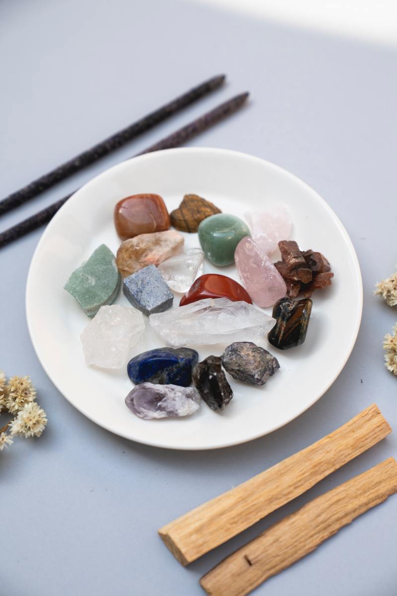 Assorted crystals on a plate.