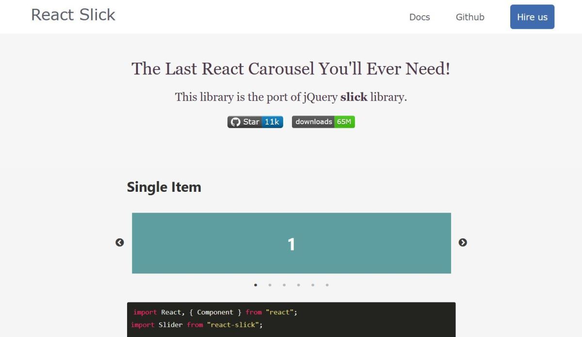 A React Slick demo, showing the first item in the carousel.