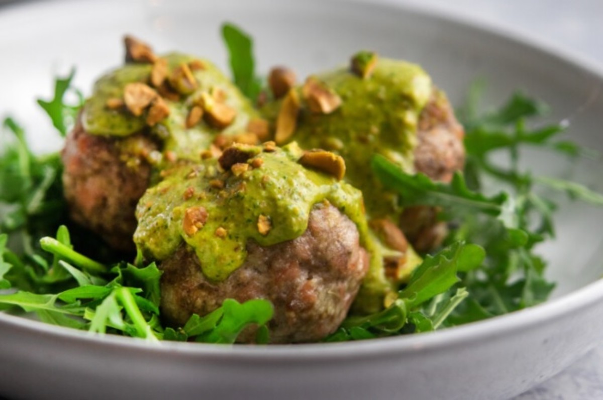 Mortadella meatballs with pistachio pesto