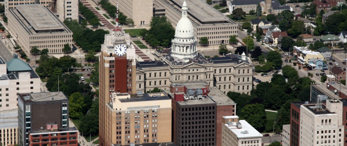 Downtown view showing Boji Tower and State Capitol--such an effective pair