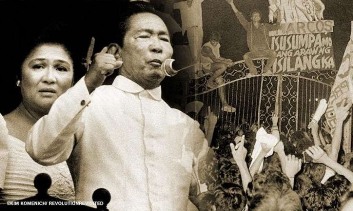 On the left is the former president and dictator Ferdinand Marcos and his wife Imelda Marcos | On the right are Filipino citizens entering the Malacanang Palace to oust the dictator.
