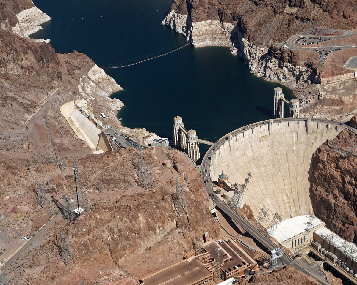 Aerial view of Hoover Dam, located on the Nevada-Arizona border