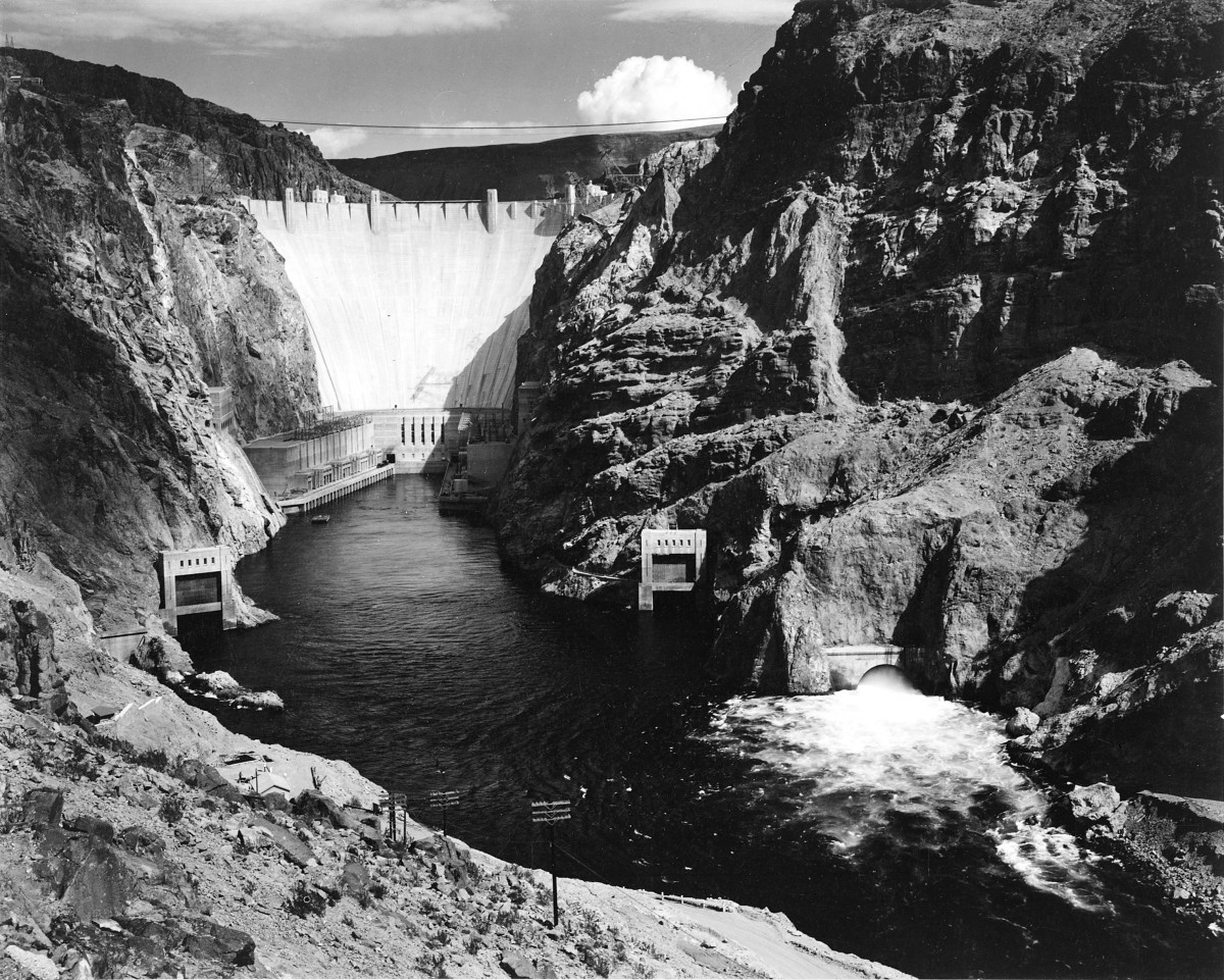 Photograph of the Hoover Dam from across the Colorado River. From the series entitled Ansel Adams Photographs of National Parks and Monuments, compiled 1941-1942, documenting the period c. 1933-1942.