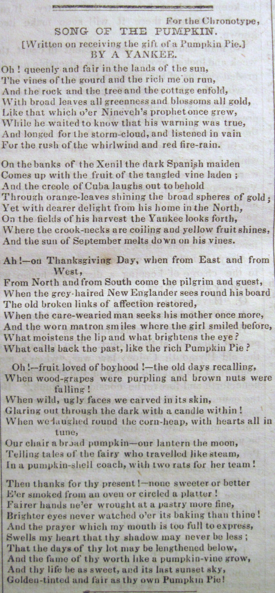 Full text of "Song of the Pumpkin" as it appeared in "The Chronotype" also showing the original title and line from Mathew Franklin Whittier's version along with the somewhat anonymous nom de plume, "A Yankee"