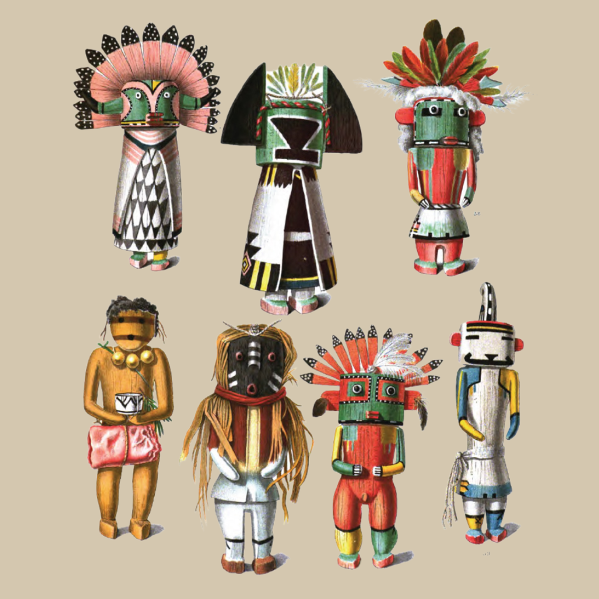 Drawings of kachina dolls from an 1894 anthropology book by Jesse Walter Fewkes. The Hopi call them katsinas. They are the most important part of the sacred ceremonies.