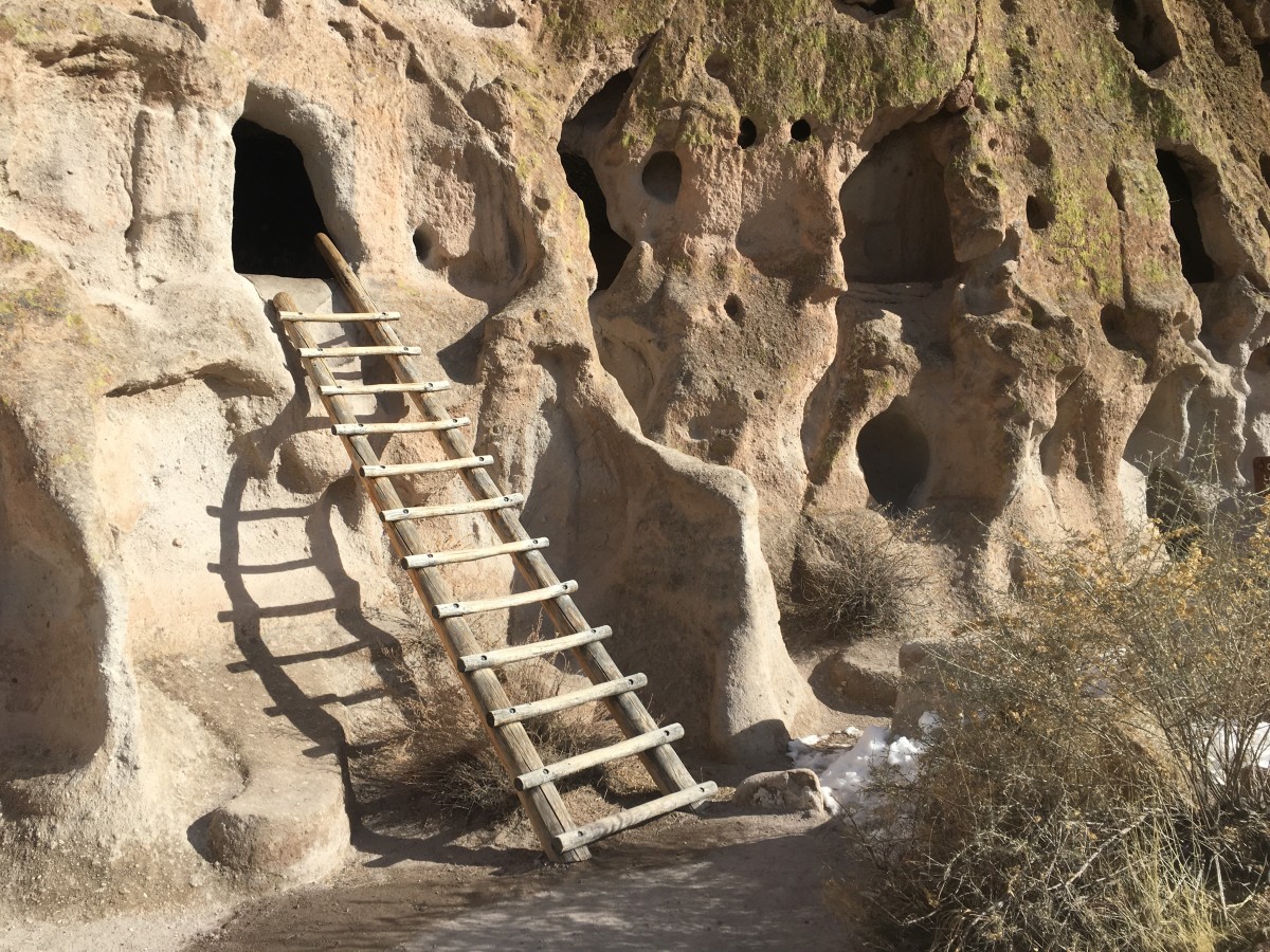 Ladder into a cliff dwelling at the Bandelier National Monument.