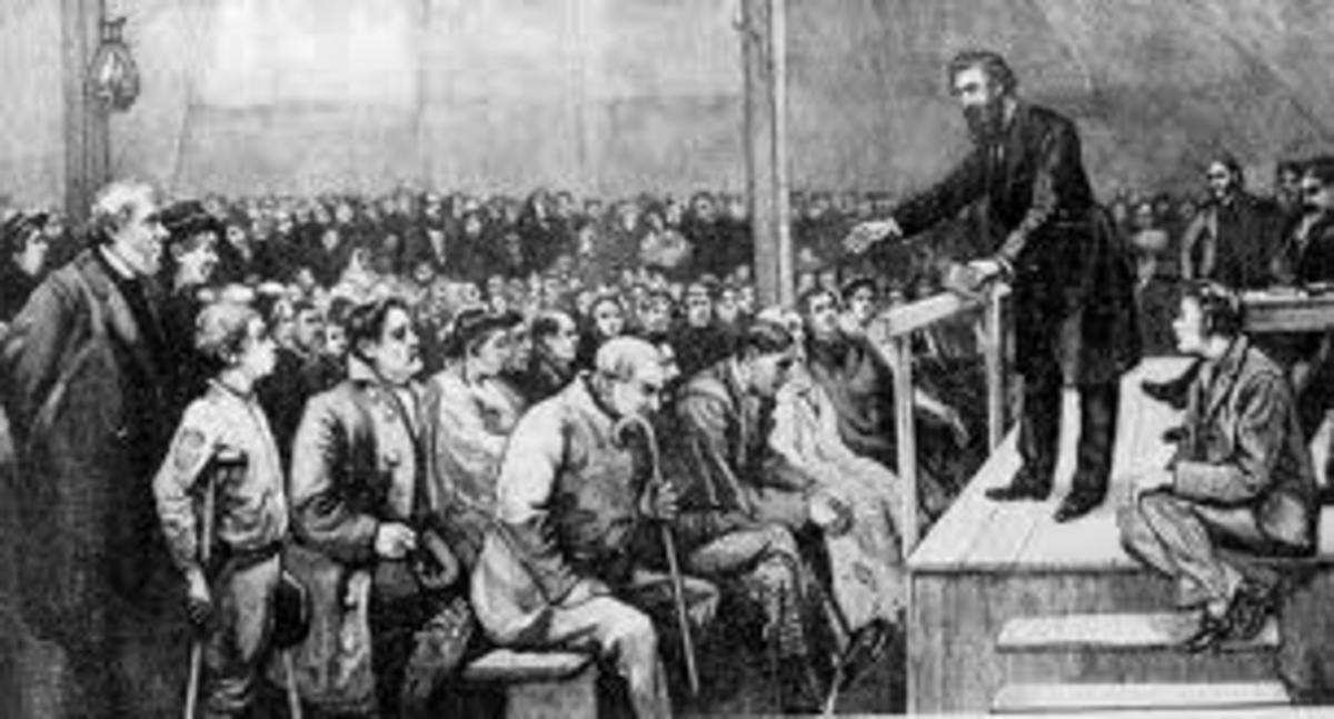 Depiction of William Booth preaching in a tent on the Mile End Waste, London, July 1865