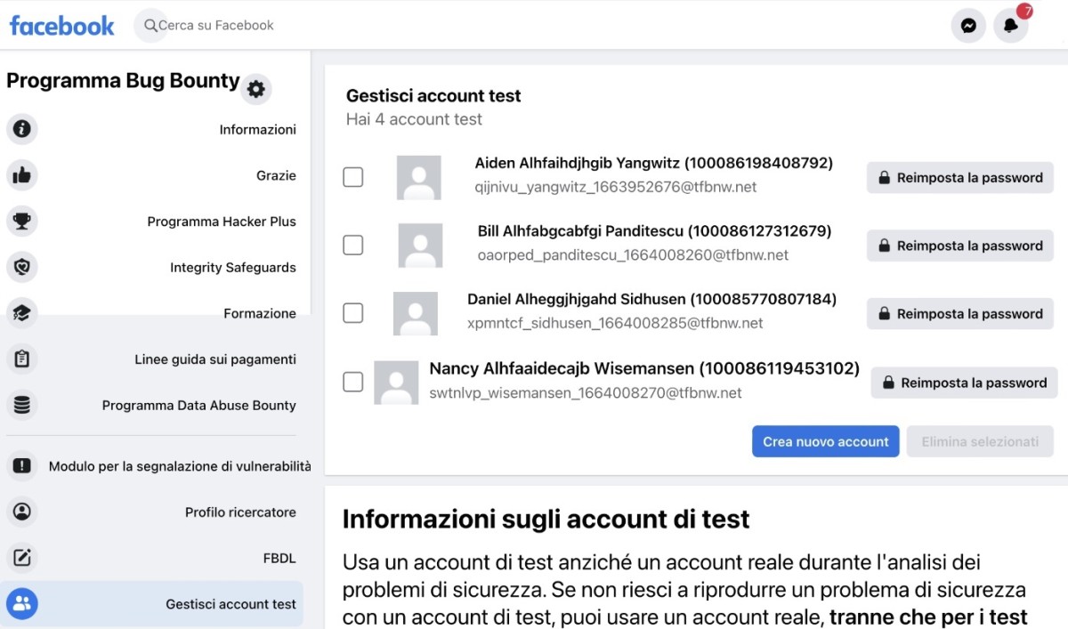 The Facebook White Hat Test Accounts Control Panel