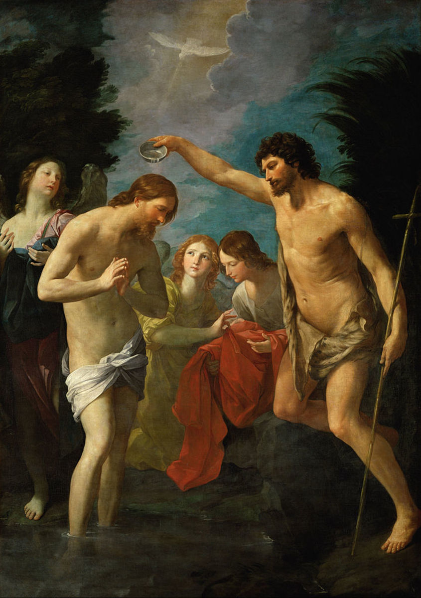 The baptism of Jesus Christ as depicted by Baroque artist Guido Reni. 