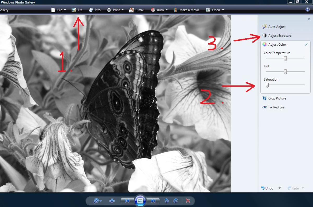 Edit using Windows Photo Gallery by doing these three steps.  Click "Fix," go to "adjust color and lower the saturation, and then go to "adjust Exposure to raise the contrast and brightness.
