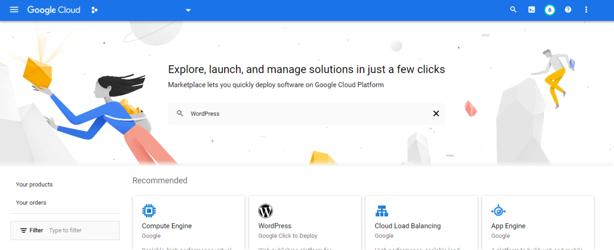 The Google Cloud Marketplace allows quick deployment of a WordPress instance through several configurations offered by various vendors, including the simple Google Click to Deploy solution.