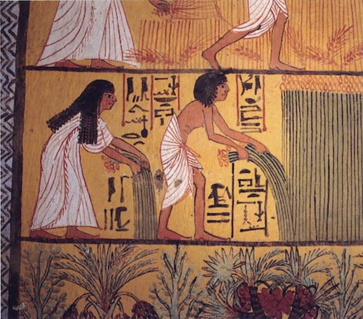 An ancient Ramesside mural from the tomb at Deir el-Medina shows an Egyptian couple picking up.
