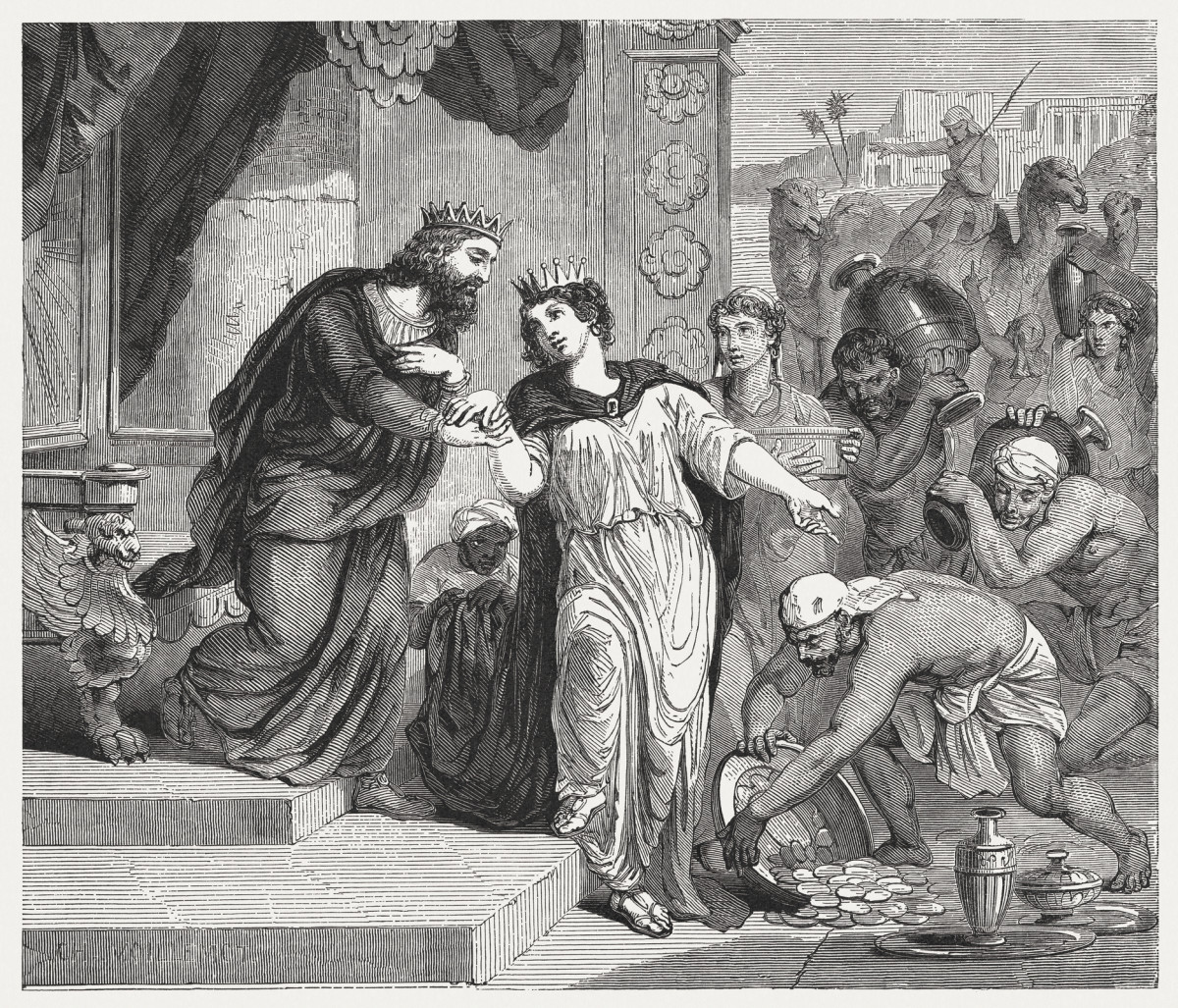 A wood engraving from 1886 depicts King Solomon receiving the Queen of Sheba.