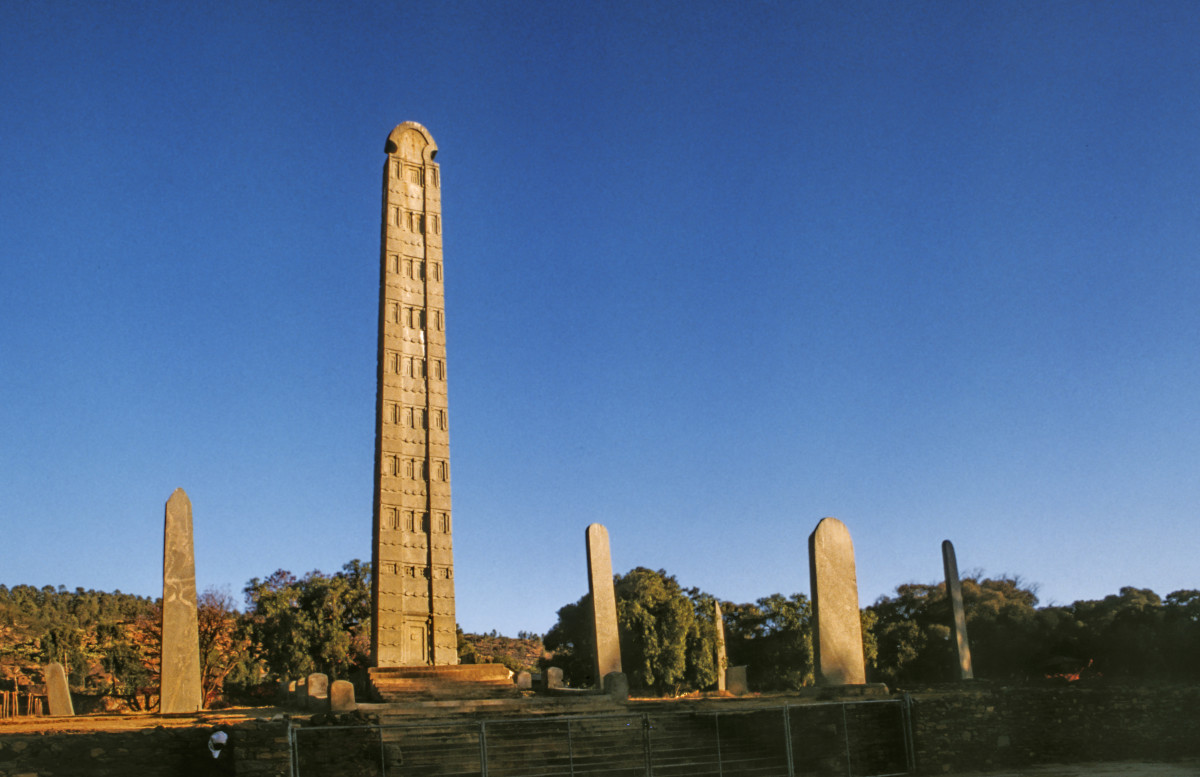An obelisk among the ruins of Aksum.