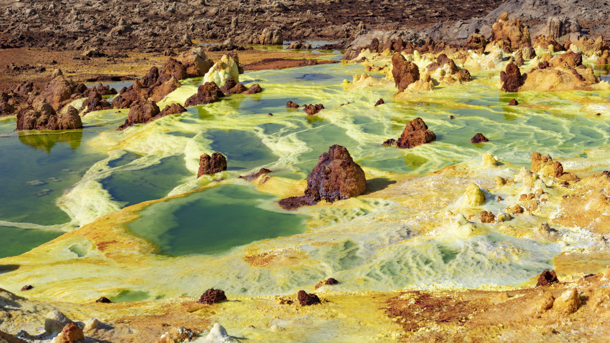 Acid ponds in Dallol site in the Danakil Depression in Ethiopia in Africa.