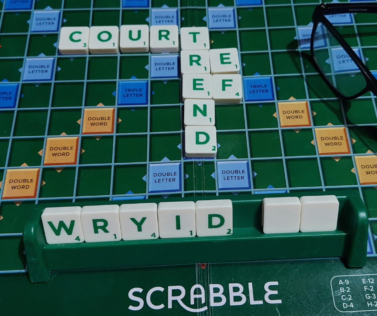 Maximizing the use of blank tiles by forming a bingo word. Here, the blank tiles will assume the letters E and L to create the word 'weirdly'; the Y is added to 'TREND" making it TRENDY.  SCORE = 84