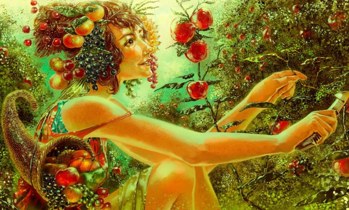The Roman goddess Pomona depicted as a woodland nymph. With apples and grapes in her hair, she sits, cultivating an apple orchard with a pruning knife.