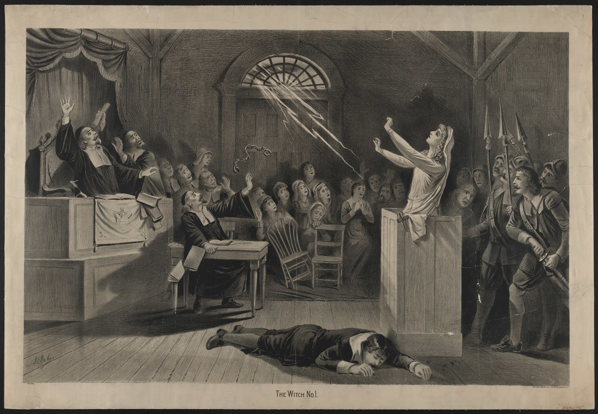 A lithograph depicting one of the witch trials of Salem, Massachusetts. A bolt of lightning is breaking the accused woman's shackles and knocking over her inquisitor. Belief in witches was widespread in the early American colonies.