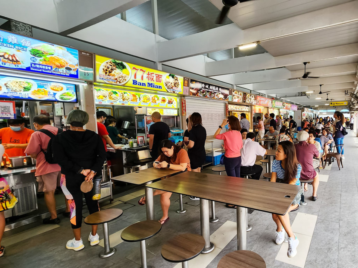 Lunch crowd at a popular hawker centre in the east of Singapore.