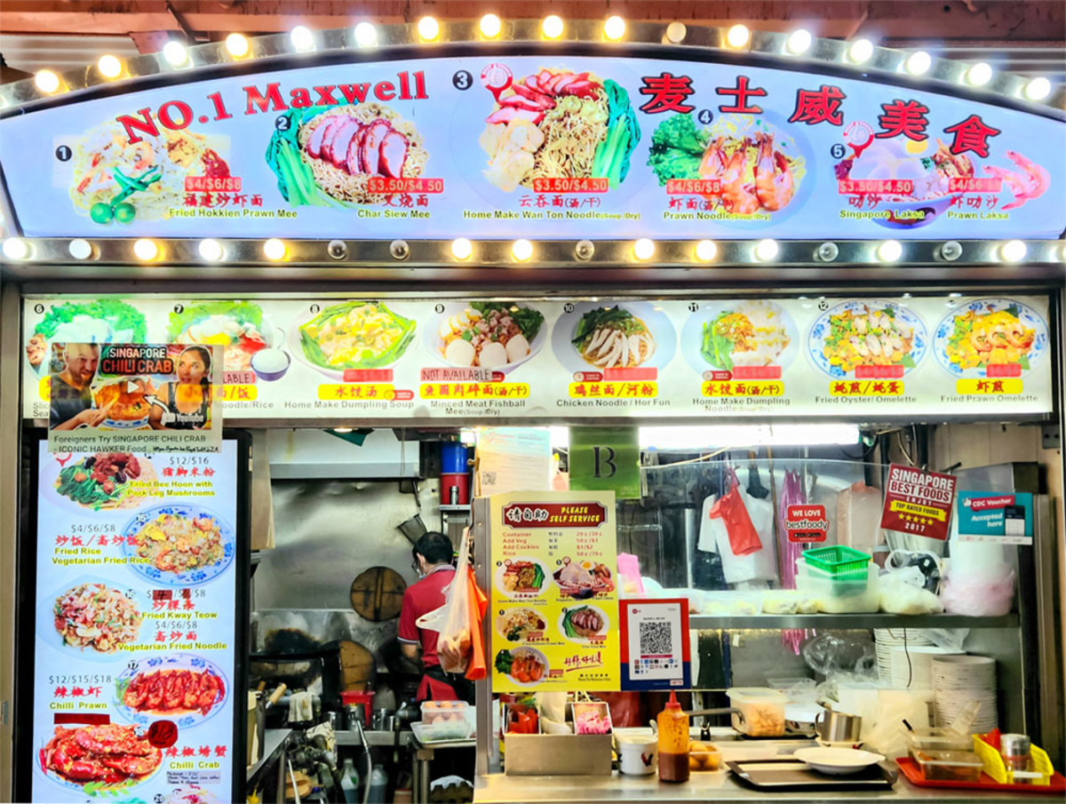 A Chinese noodle stall at Maxwell Food Centre. Note that items such as No. 3, No. 4, and No. 9 are listed as (soup/dry).