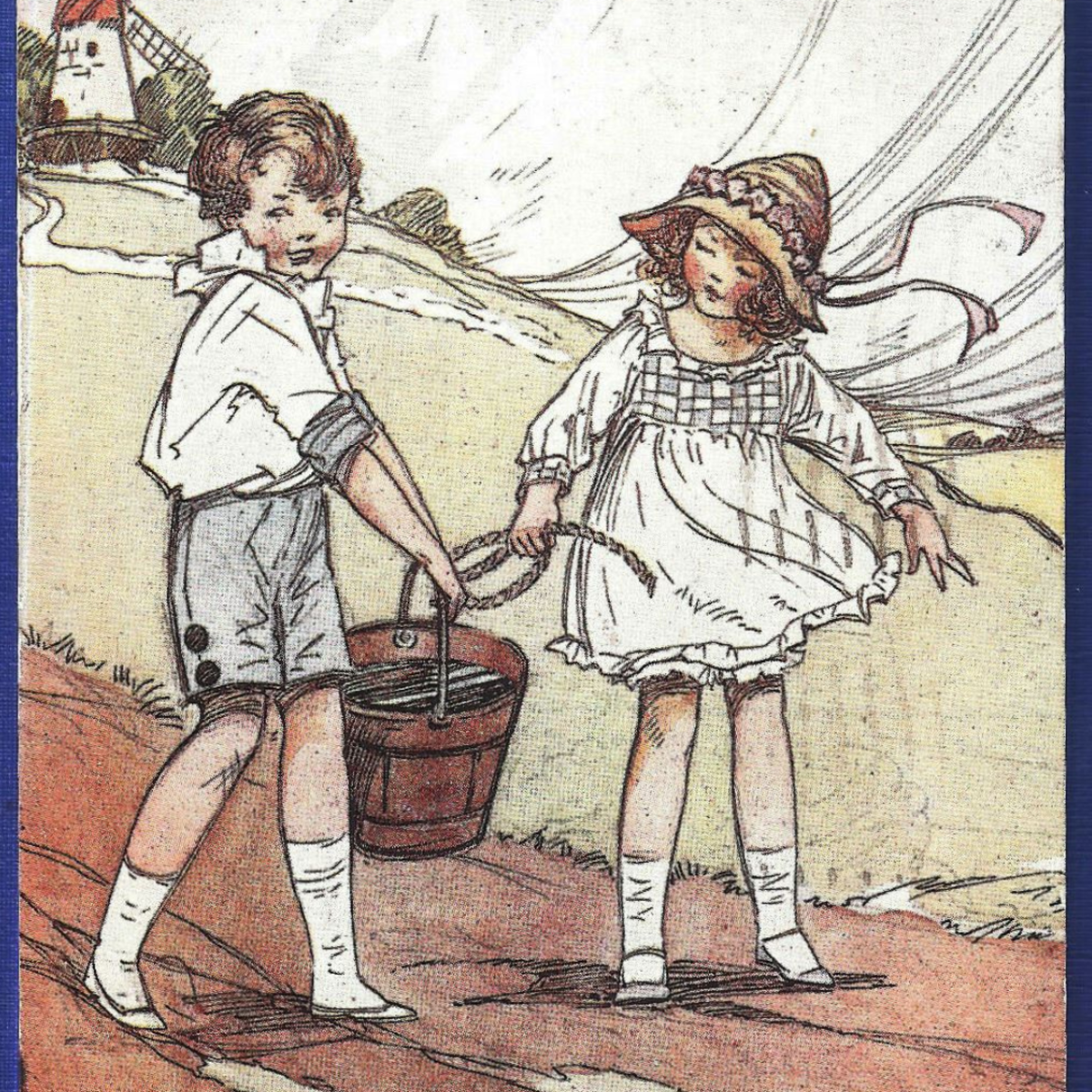 Detail of a postcard with the words and tune of "Jack and Jill," originally illustrated by Dorothy M. Wheeler in "English Nursery Rhymes" (1916)