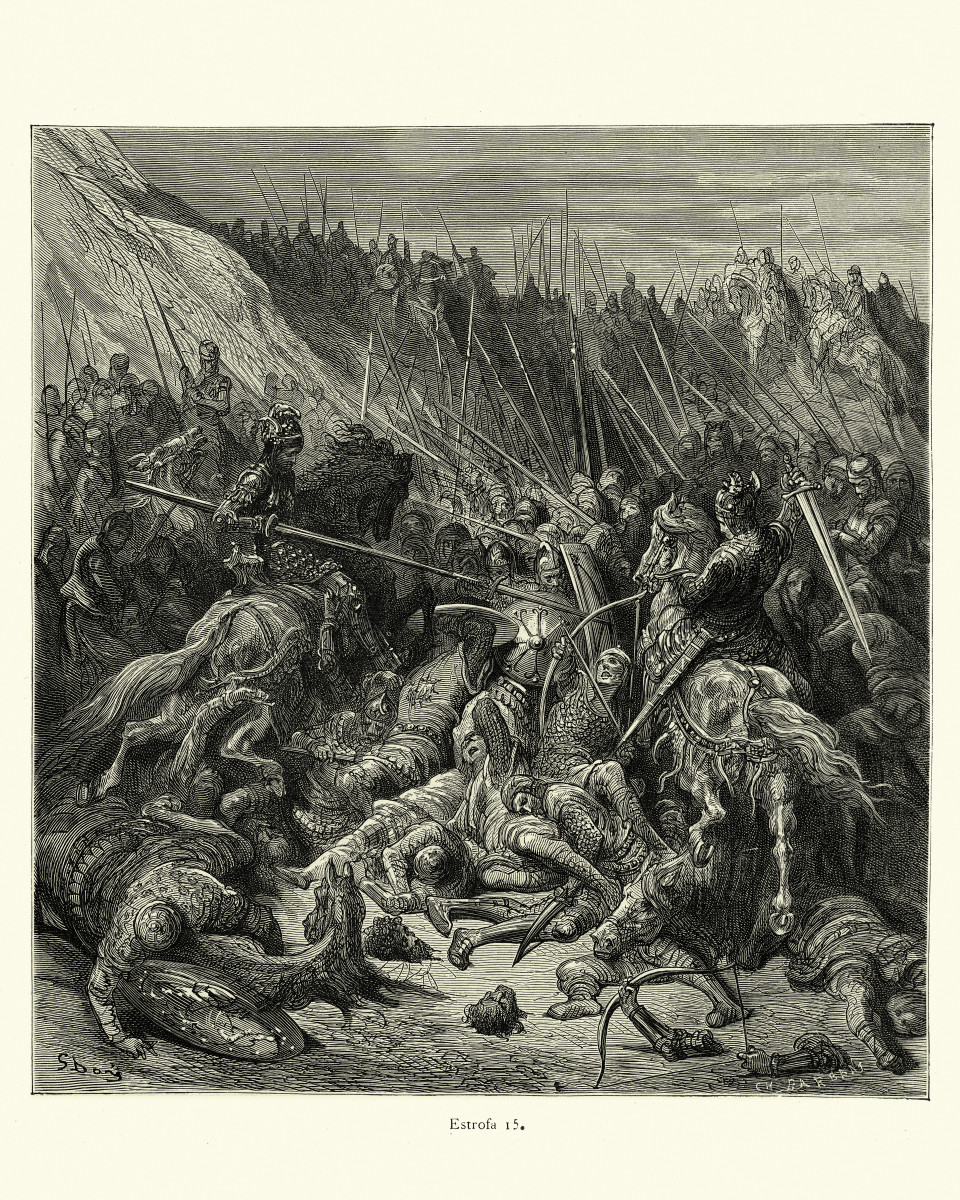Knights attacking infantry, from a vintage illustration by Gustave Dore.