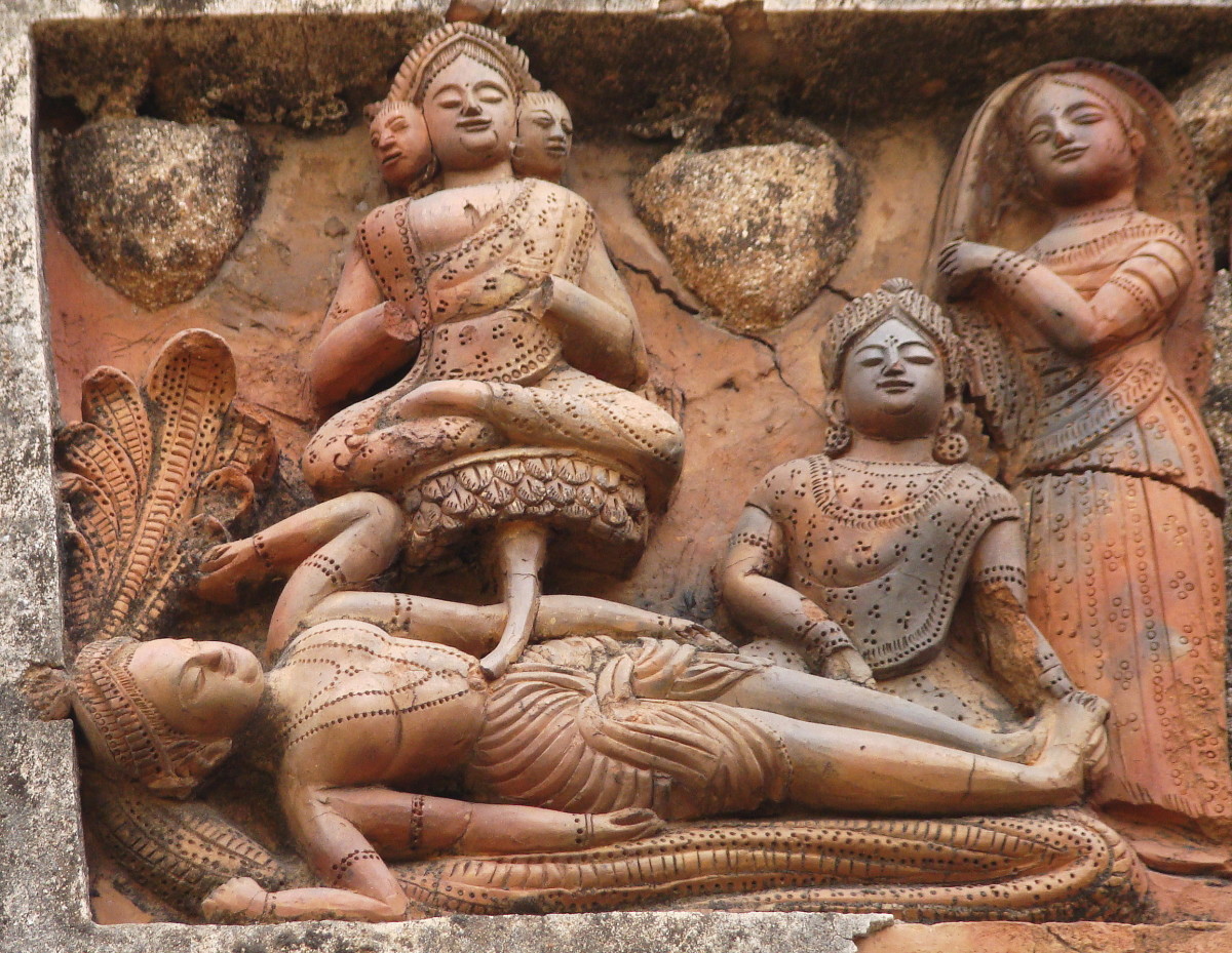 Goddess Lakshmi as the consort of Lord Vishnu who is seen lying on Shesha Naga, the Celestial Serpent, while Lord Bramha is seen emerging from the navel of Lord Vishnu. Terracotta; Sridhar temple, Sonamukhi, district Bankura.