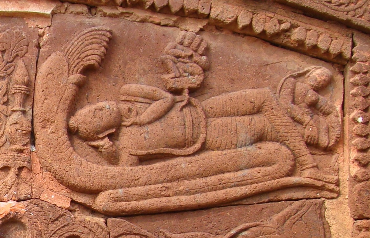 Goddess Lakshmi as a consort of Lord Vishnu who is lying on Shesha Naga; stone work; Ganpur, district Birbhum.