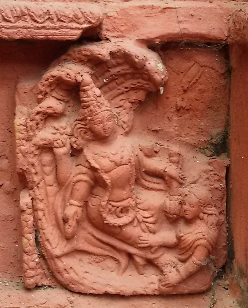 Goddess Lakshmi as the consort of Lord Vishnu. Terracotta; Nandadulaljiu temple; Gurap, district Hooghly.