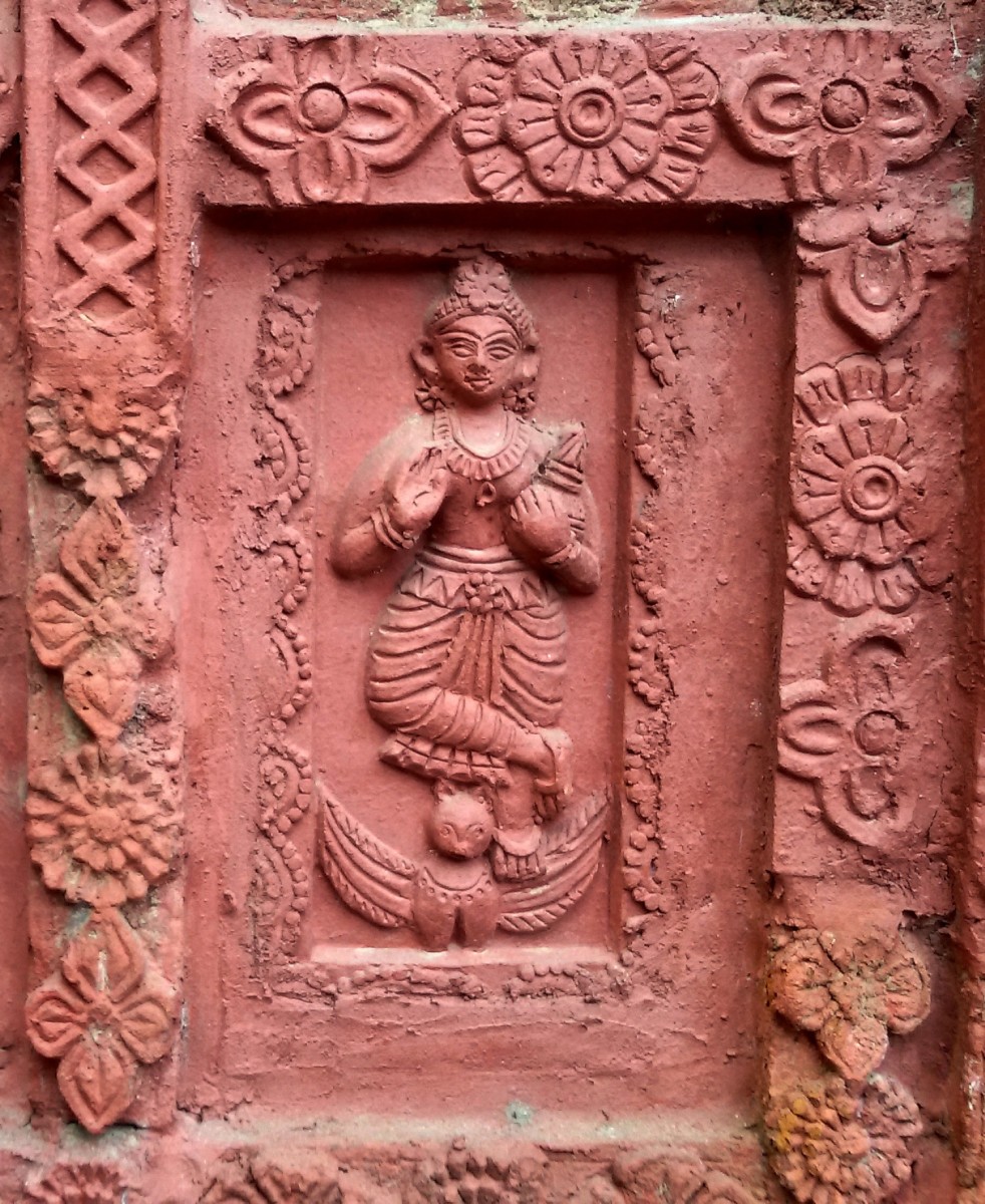 Goddess Lakshmi with her mount (Vahana) the Owl; terracotta relief work; Nandadulaljiu temple, Gurap, district Hooghly.