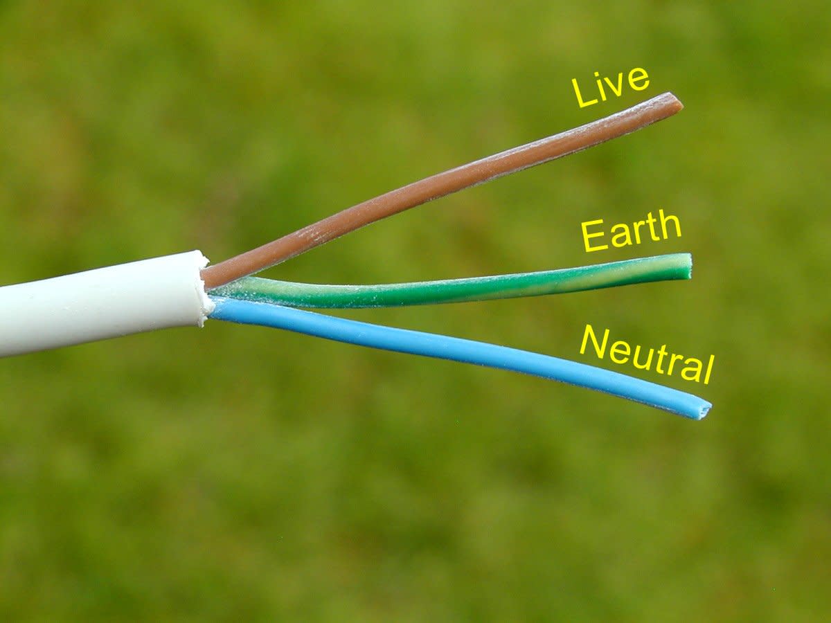 Plug wiring colours for a three core flex. Live is brown, neutral is blue and earth is green/yellow.