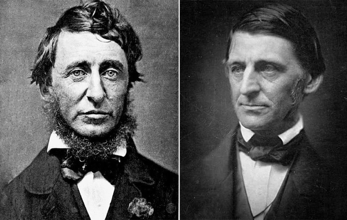Henry David Thoreau, in a daguerreotype by Benjamin D. Maxham in June 1856, and Ralph Waldo Emerson, in a albumen print by Southworth & Hawes around 1857. (Courtesy Wikimedia Commons and the George Eastman House Collection)