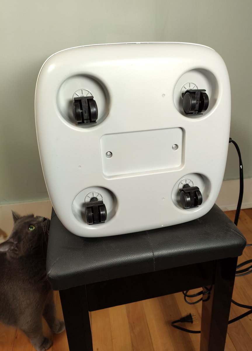 My cat, a quality control specialist, inspecting the air purifier's wheels 