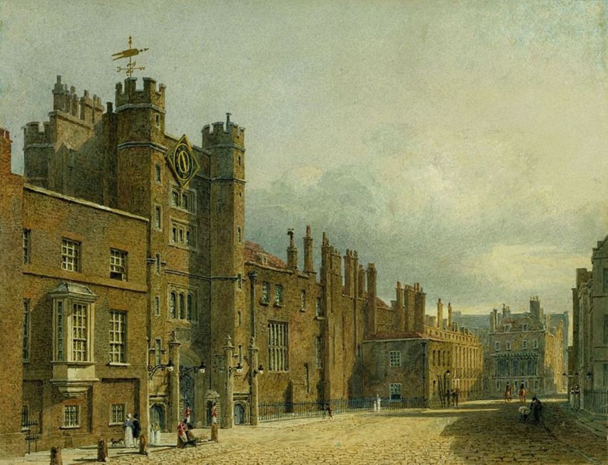 An 1819 Charles Wild painting showing the north face of St. James's Palace.