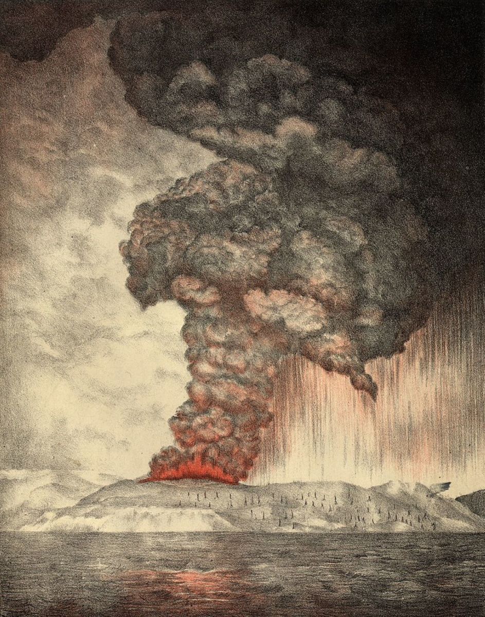 An 1888 lithograph of Krakatoa's 27th August 1883 eruptions. 