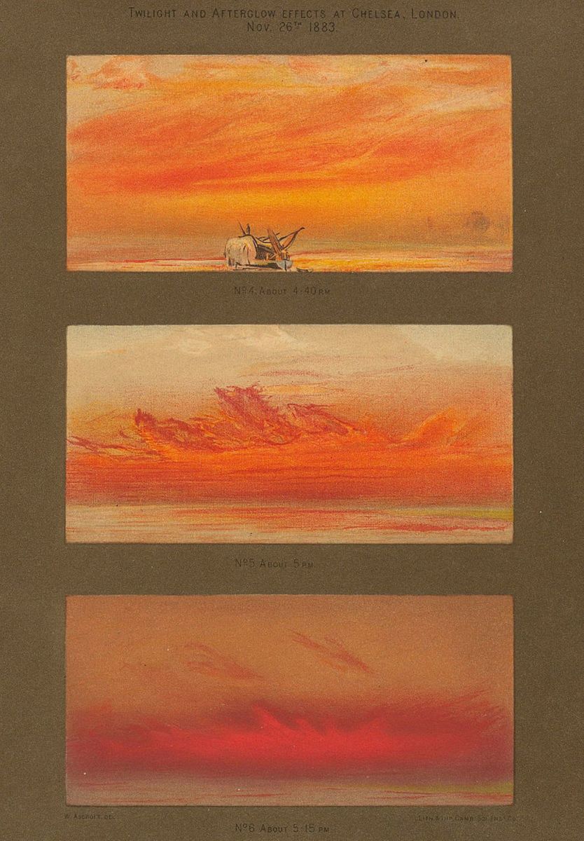 1888插图描绘了1883年喀拉喀托火山喷发对天际线的影响。