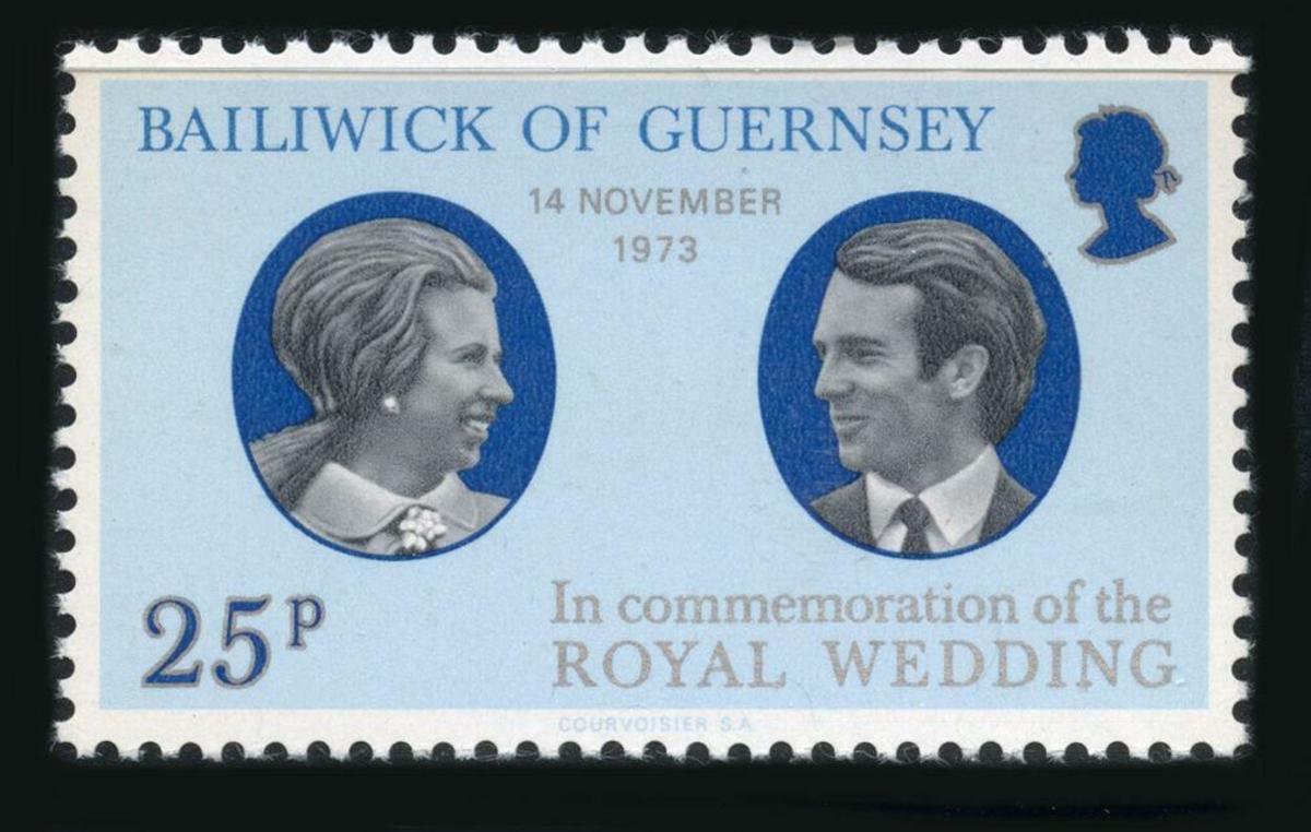 1973 Guernsey stamp commemorating wedding of Princess Anne and Mark Phillips.