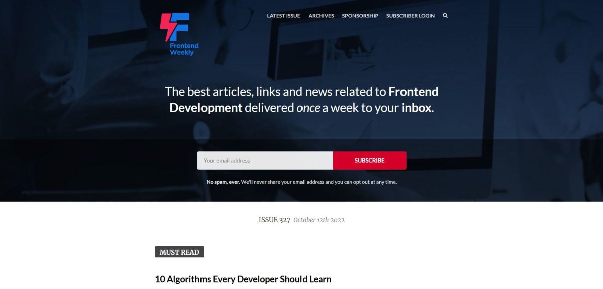 The homepage for Frontend Weekly.