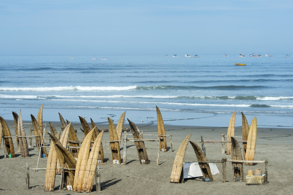 Traditional Peruvian small Reed Boats (Caballitos de Totora), used by Peruvian fishermen for thousands of years.