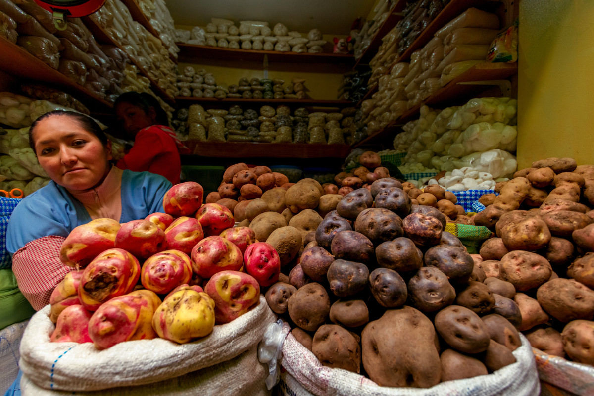 A potato stall at the Puno market in Peru.