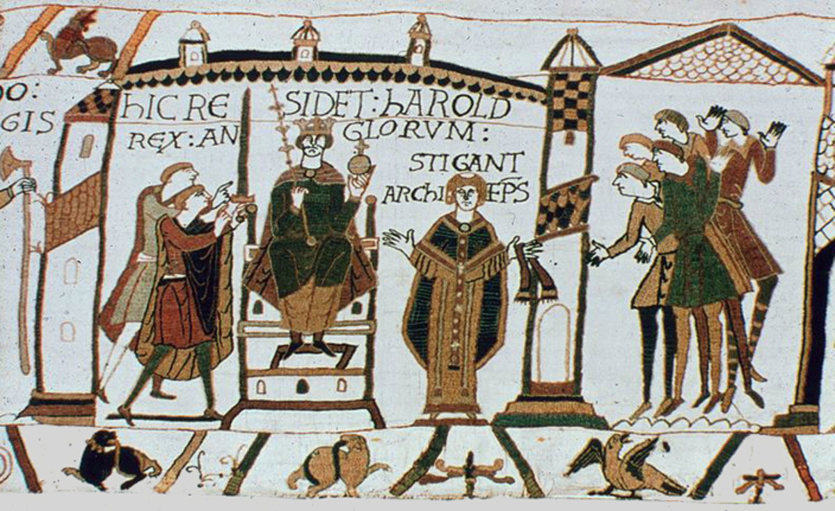 Harold's coronation according to the Bayeux Tapestry as commissioned by William's half-brother Bishop Odo