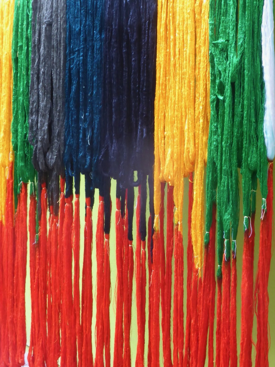 Colorful skeins drying in the sun at the sari weaving village