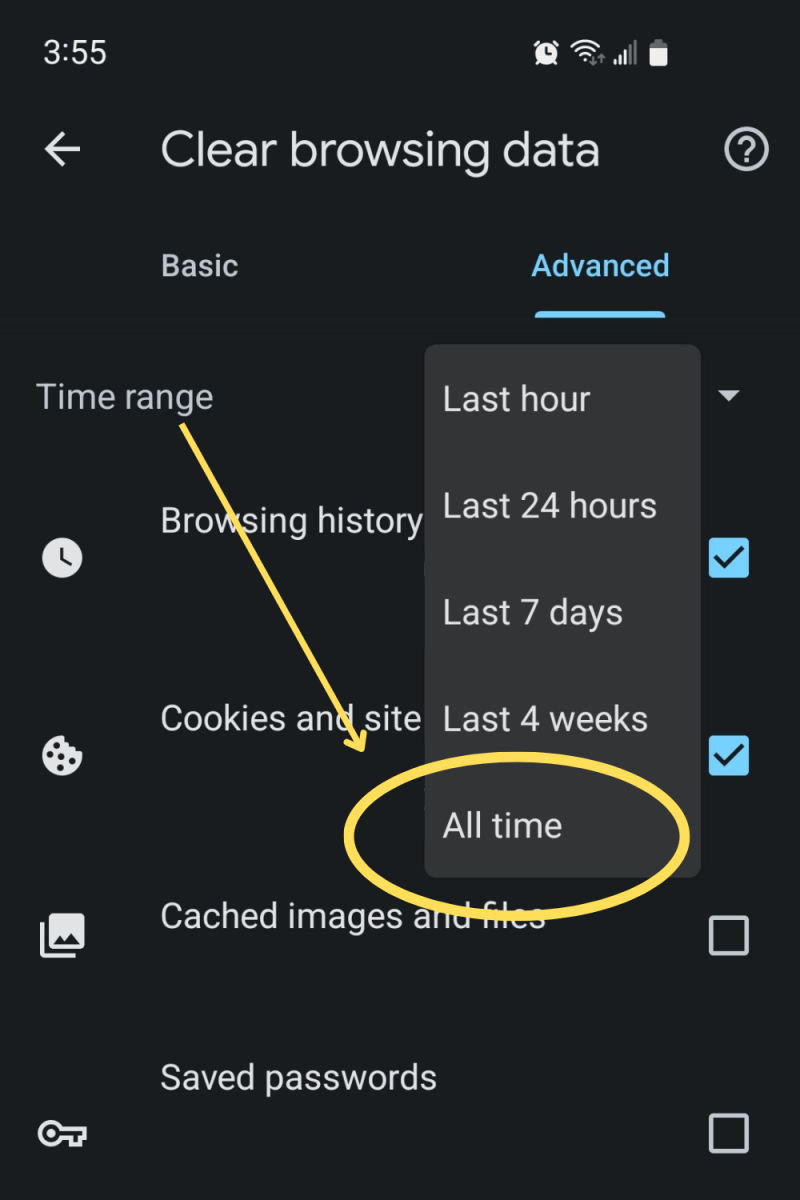 Step 6: Choose a time range. If you want to delete every single cookie, select "All time."