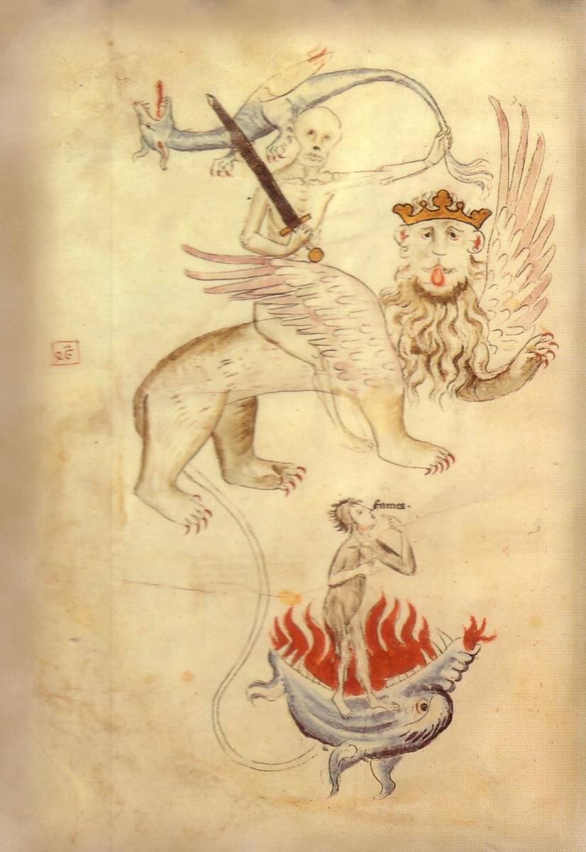 The Great Famine (1315 — 1317). A Biblia Pauperum (picture bible) depicts Death astride a lion whose tail carries the personification of famine.