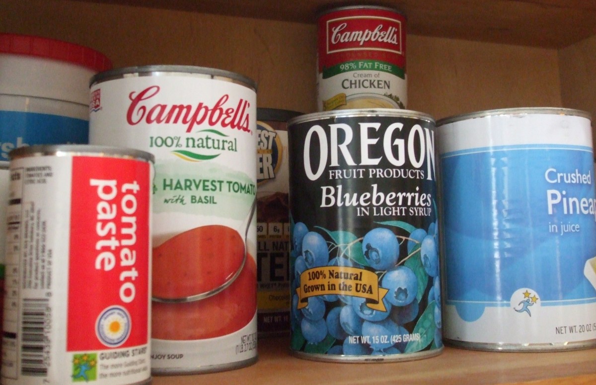 Ordinary food cans in the pantry.