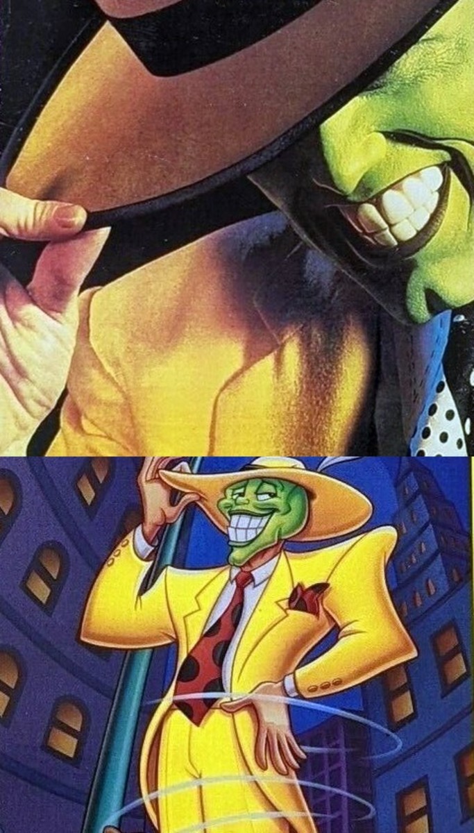 Two faces of "The Mask": Jim Carrey in the 1994 film (top) and the animated Mask.