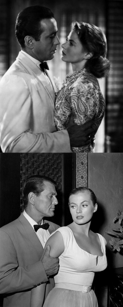 Top: Humphrey Bogart and Ingrid Bergman in "Casablanca" (1942) / Bottom: Charles McGraw and Anita Ekberg in the 1955 televised version of "Casablanca."