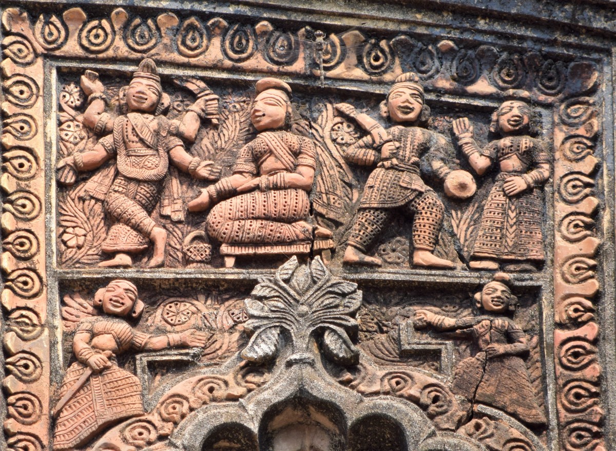 The full story of Krishna Kali is depicted in terracotta; Narayan temple; Jaipur, Bankura
