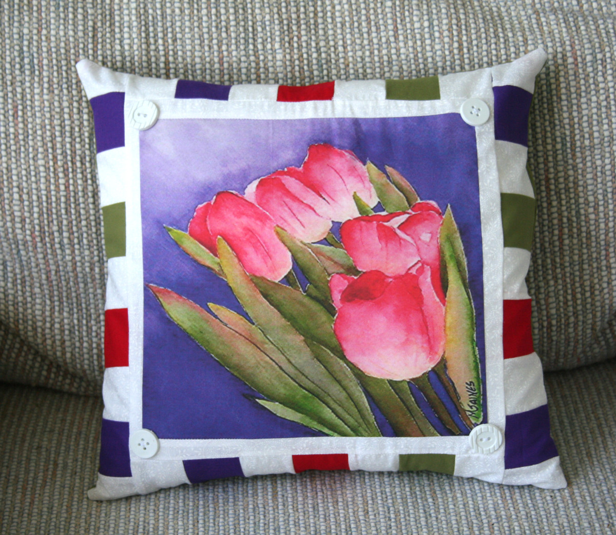 My watercolor tulips on throw pillow.